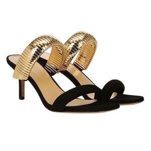 VERONICA BEARD Meena Heeled Sandals Size 9‎ Black Leather Gold Luxury Designer